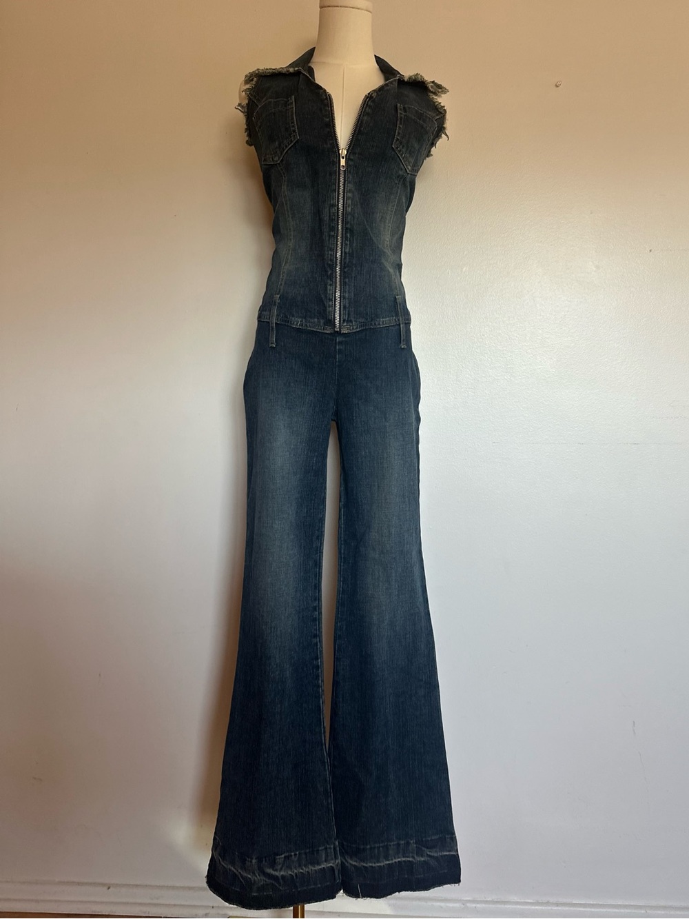 VTG 90s/Y2K 🦋 Angie STRETCHY Denim Flare Jumpsuit Bratz Y2K Made in USA Size M